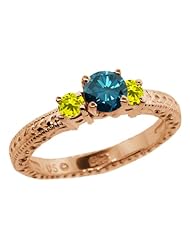 0.79 Ct Round Blue and Canary Diamond 18K Rose Gold 3-Stone Ring