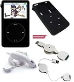Black Cover Skin Silicone Case for Apple Ipod Video 30gb + Car Charger for Apple Ipod Video + Datacable for Apple Ipod Video