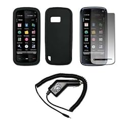 Solid Black Silicone Gel Skin Cover Case + Screen Protector + Rapid Car Charger for Nokia XpressMusic 5800