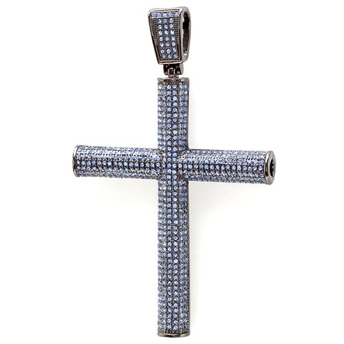 Mens Blue CZ Cubic Zirconia Blackout Micro Pave Black Plated Hip Hop Religious Cross Pendant (4 inch x 2.5 inch)