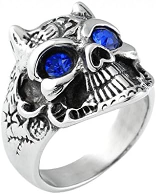 Mikiy Men's Personalized Punk Style Leopard Skull with Blue Zircon Inlay Titanium Steel Ring(with Gift Box/Bag)(11)