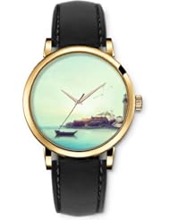 SPRAWL Aanalog Fashion Series Gold Ladies Watches of Genuine Black Leather Strap,Unique Wrist Watch for Women Girls Designed with Stunning ocean views