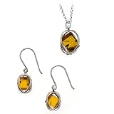 Sterling Silver and Certified Genuine Honey Amber Millennium Collection Necklace + Earrings Set