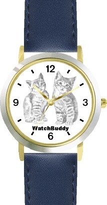 Tabby Kittens (SC) CAT - WATCHBUDDY® CLASSIC DELUXE TWO-TONE THEME WATCH - Arabic Numbers-Blue Leather Strap-Size-Large ( Men's Size or Jumbo Women's Size )
