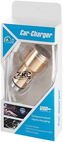 Car Charger By ZKL Industries 3.1Amp (15.5 Watt) Dual USB Port Universal High Output with Solid Metal Cover for Apple and Android Devices comes with 4 in 1 USB Charger Connector for iPhone and Samsung