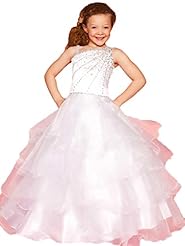 Girls Organza Floor Length Beaded Crystals Asymmetric Tiered Crystal Pageant Dress 