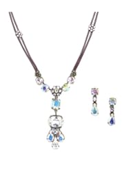 Van Galz Handcrafted Antique Brass Finish Set of Brown Leather Cord and Crystal AB, Silver Shade, and Clear Swarovski and Fine Preciosa Crystal Pendant Necklace and Matching Post Dangle Earrings