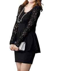 Puff Sleeves Lace Sheer Fit-and-Flare Polyester Round Neck Tunic 