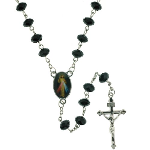 Black Faceted Rondell Bead Chain Link Rosary - Jesus Centerpiece - 26 in. Necklace - 19 in. Overall