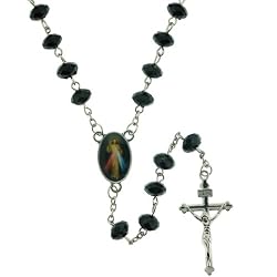 Black Faceted Rondell Bead Chain Link Rosary - Jesus Centerpiece - 26 in. Necklace - 19 in. Overall
