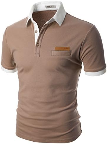 Doublju Men Basic Regular Fit Leather Patch Polo Shirts BEIGEWHITE,3XL