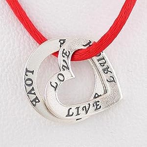 Double Sided Heart Shaped LIVE, LOVE, LAUGH & Round LOVE Affirmation Band Pendants in Sterling Silver on Red Satin Necklace, 16" - 18" in Length, #8874
