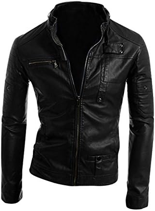 Man Stand Collar Long Sleeve Imitation Leather Coat Jacket Black S