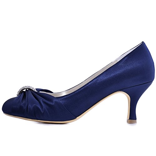 ElegantPark HC1526 Women Pumps Satin Rhinestones Closed Toe Mid Heel Wedding Evening Party Shoes