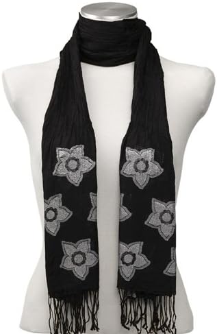 Olive N Figs 100% Silk Crinkled Stole/Scraf/Wrap with Floral Shimmer Border