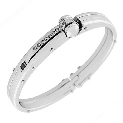 Fashion Alloy White CZ Silver-Tone Handcuff Mens Bracelet
