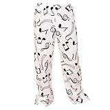 Musical Notes Band Black White Wording Fun Print Novelty tie cord flannel cotton pants for lounging, sleep, sports. Unisex relaxed fit, available in 5 adult sizes