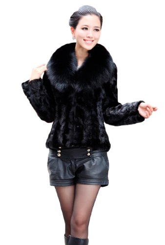 Queenshiny Women's 100% Real Mink Fur Coat Jacket with Fox Collar-Black-L(12)