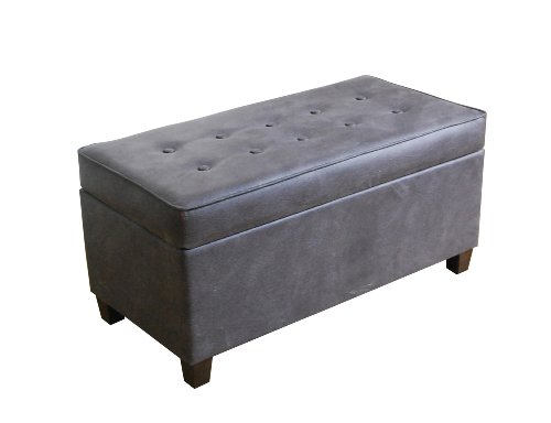 HomePop Button Tufted Rectangle Ottoman Storage Bench with Hinged Lid, Leatherette Grey Large