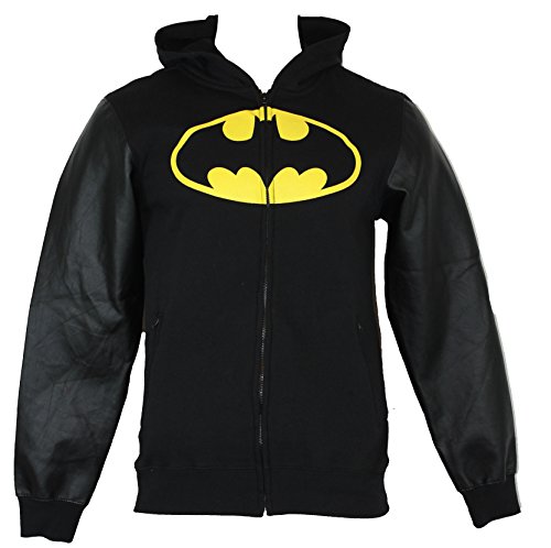Batman (DC Comics) Mens Hoodie Sweatshirt - Batman Logo Faux Leather Sleeves
