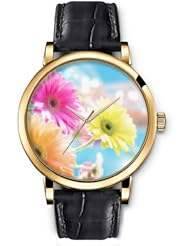 SPRAWL Aanalog Fashion Series Gold Ladies Watches of Genuine Black Leather Strap,Unique Wrist Watch for Women Girls Designed with Colorful daisy