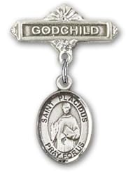 Sterling Silver Baby Badge with St. Placidus Charm and Godchild Badge Pin