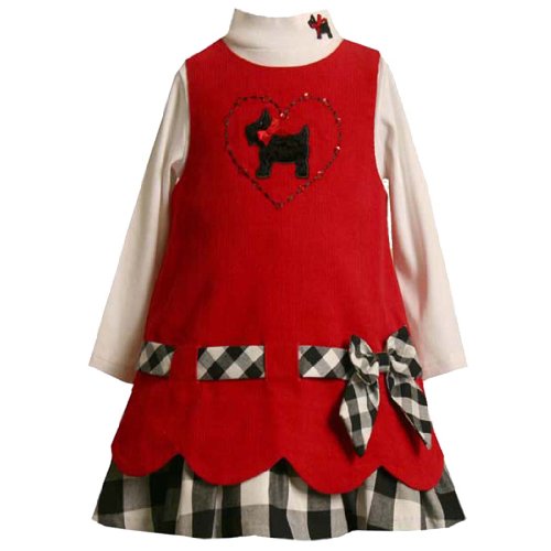 Bonnie Jean Toddler Girls 2T-4T 2-Piece RED BLACK/WHITE BUFFALO PLAID SCALLOP HEM SEQUIN Scottie Puppy Dog Party Jumper Dress Set-2T BNJ-0824B-B20824