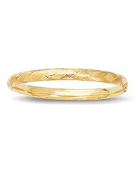 14K Yellow Gold 07" 6.0mm Polish Texture Diamond Shape Design Top Round Domed Fancy Bangle With Clasp