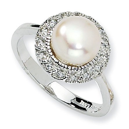 Sterling Silver CZ White Cultured Pearl Ring 