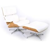 Eames Style Lounge Chair & Ottoman, White Full Grain Aniline Leather/Ash Wood/Silver Base