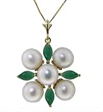 14k Solid Gold 18" Cluster Pearl Necklace with Emeralds