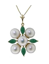 14k Gold Pendant Necklace with Genuine Emeralds & Pearls