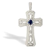 14K White Gold Genuine Round Sapphire Cross Pendant