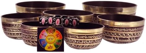 Tibetan Buddhist Purple Mantra Singing Bowl Set, Chakra Singing Bowl Set, Seven Bowls Per Set, Free Copyrighted Buddha Eye Tibetan Mantra Prayer Fridge Magnet and Breast Cancer Awareness Magnetic Hematite Bracelet