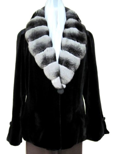 Black Sheared Mink Shaped Jacket w/Natural Chinchilla Shawl Collar Made in USA