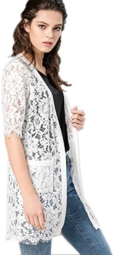 Women's 3/4 Sleeve Hollow Sheer Knit Open Lace Cardigan Top Sun shirt (L, White)