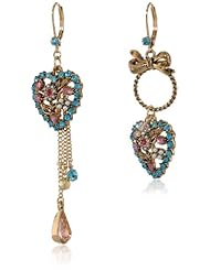 Betsey Johnson "Hanging Hearts Boost" Crystal and Faux Pearl Heart Mismatch Drop Earrings