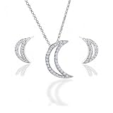 Bling Jewelry Pave CZ Moon Pendant Necklace & Stud Earrings Jewelry Set