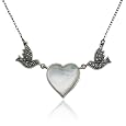 Sterling Silver Marcasite Birds and Mother-of-Pearl Heart Necklace