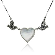 Sterling Silver Marcasite Birds & Mother-of-Pearl Heart Necklace