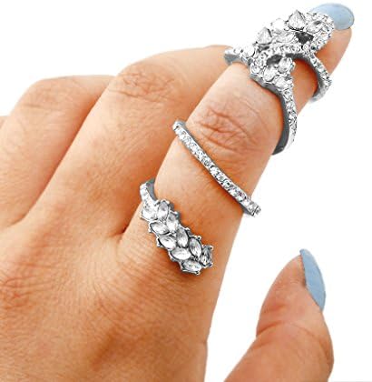 Spiral Silvertone Full Finger Two Band Joint Knuckle Rhinestones Ring, Size 7-8 (Silvertone)