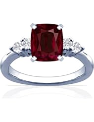 14K White Gold Cushion Cut Ruby Ring With Sidestones