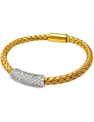 .925 Sterling Silver Yellow Gold Plated Braided Italian Bracelet Band with Rhodium Plated Pave CZ Bar Center - 7" Inches