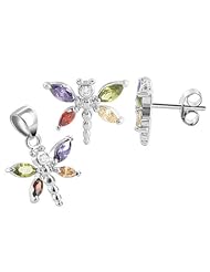 Sterling Silver Multicolored Butterfly 11 x 13mm Earrings and 11 x 14mm Pendant Jewelry Set