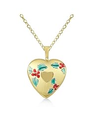 Heart Shaped Photo Locket Pendant Necklace With Cherry and Flowers For Women 14K Yellow Gold Vermei