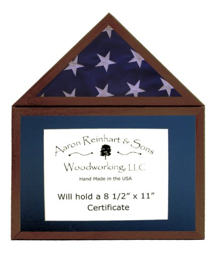 Solid African Mahogany, Flag Display Case w/ Certifiate Holder, 3X5 Flag, Dark Stain w/ Navy Mat-- for a folded flag that measures around 14
