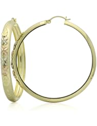 14K Gold Hoop Earrings 6mm X 1.8" Clovers & Leaves Round Tri-Color Gold Hoop Earrings