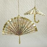 ASIAN PRINT HANGING FAN & PARASOL ORNAMENTS - 6X6X5 IVORY PASTEL ASIAN PRINT HANGING FAN & PARASOL ORNAMENTS, SET OF 2 ASSORTED - Christmas Ornament, Quantity of 3 pc,
