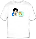 T-shirt with kid, human, body, individuals, individual, persons, fish, humans, people, child, pet, goldfish, animal, person, looking, bowl, watching