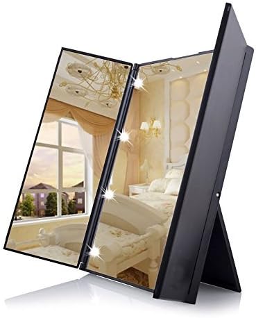 AlierKin Cosmetic Illuminated LED Mirror, Tri-Fold Compact Travel Makeup Mirror with 8 LED Lights by AlierKin